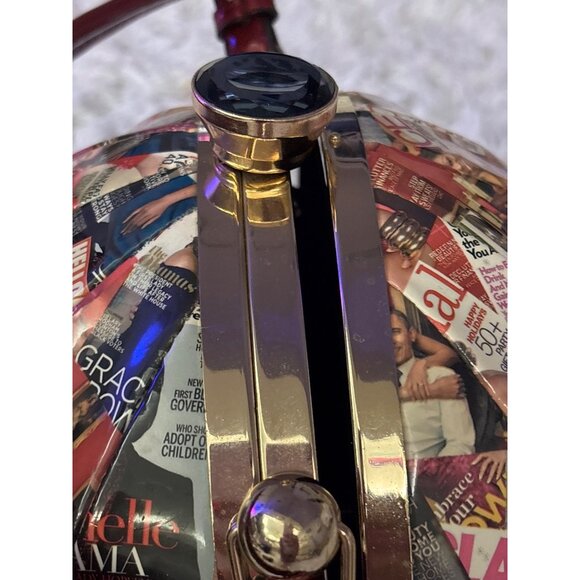 Michelle Obama Collage Round Handbag With Red Handle & Gold Accents - Statement - Picture 8 of 16